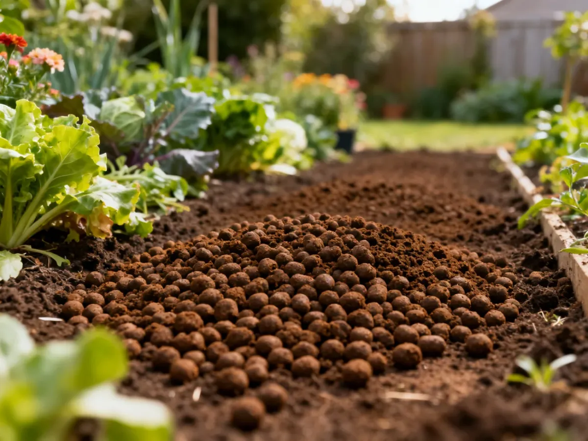 Granulowany obornik organiczny rozsypywany na glebie w ogrodzie