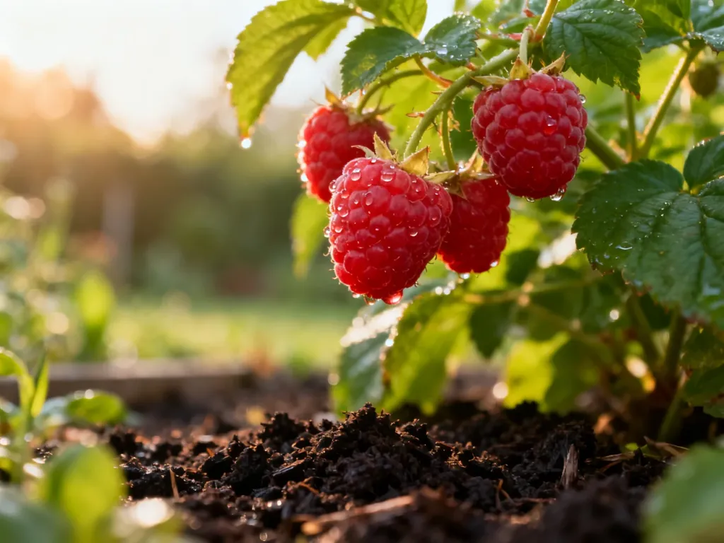 Dojrzałe maliny z kroplami rosy na krzewie w ogrodzie, rosnące w żyznej, organicznej glebie.