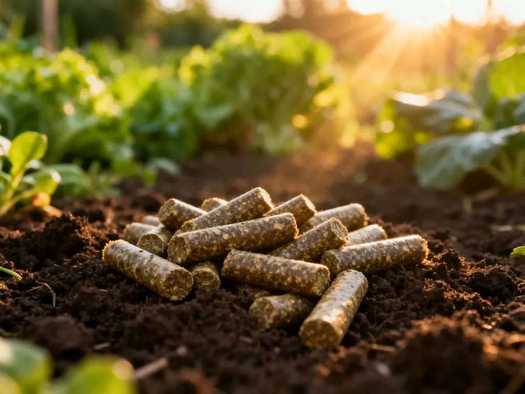 Granulowany nawóz organiczny rozsypany na żyznej, ciemnej glebie w ogrodzie w promieniach porannego słońca.