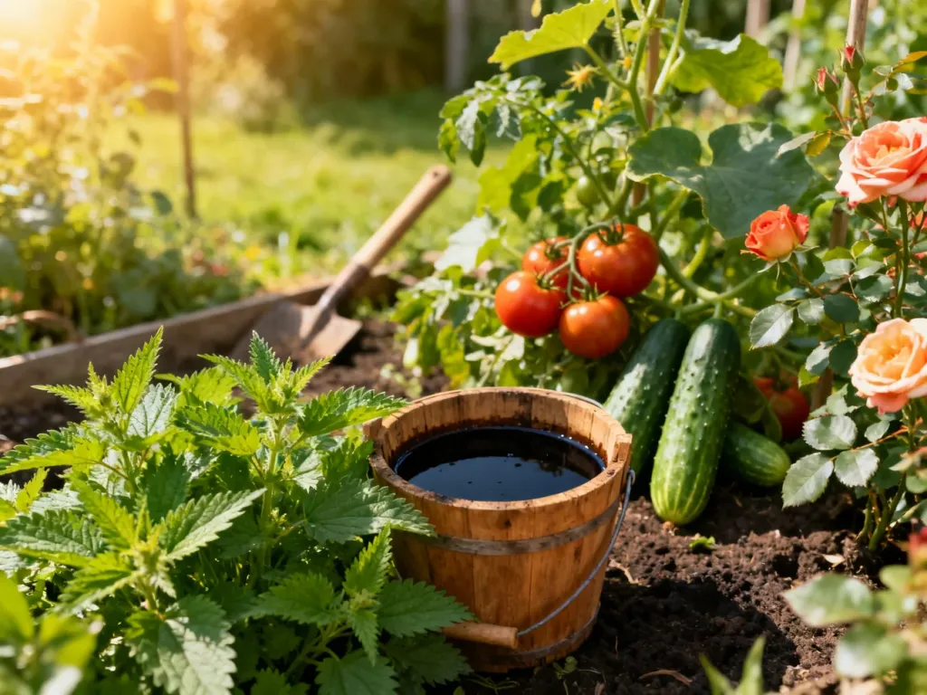 Kwitnący ogród z pomidorami i różami oraz wiadro z naturalnym nawozem z pokrzyw przygotowanym do podlewania roślin.