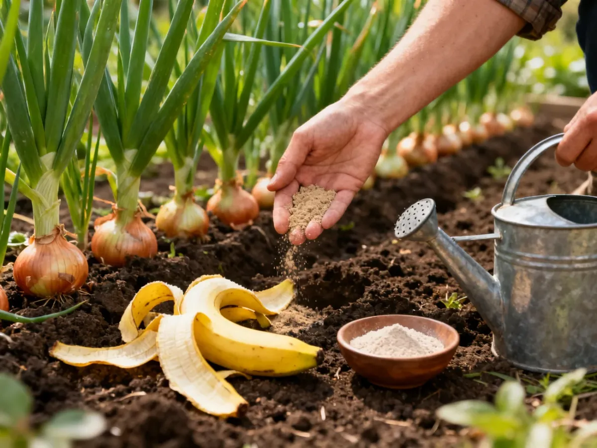 Domowy nawóz ze skórek banana stosowany przy rosnącej cebuli