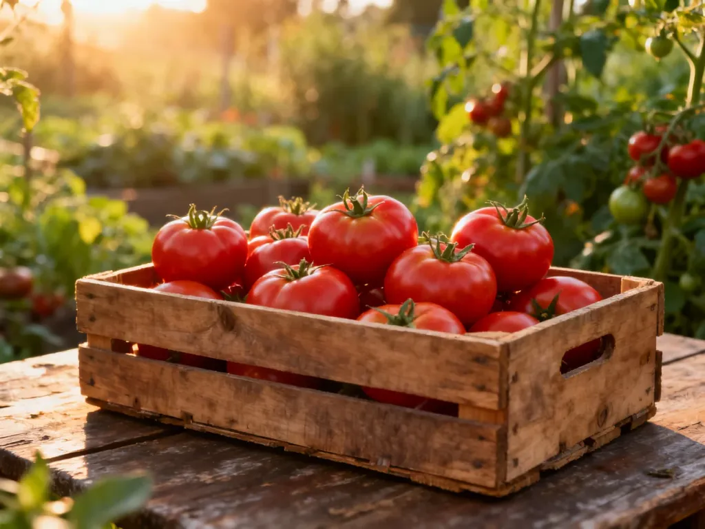 Skrzynka pełna świeżych, dojrzałych pomidorów na tle przydomowego ogrodu, podkreślająca efekty stosowania nawozów naturalnych.