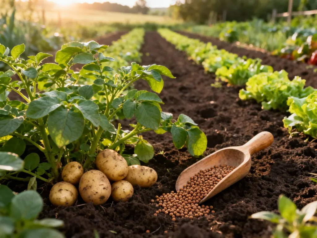 Zdrowe krzaki ziemniaków z widocznymi bulwami oraz organiczny nawóz w ogrodzie w słoneczny poranek.