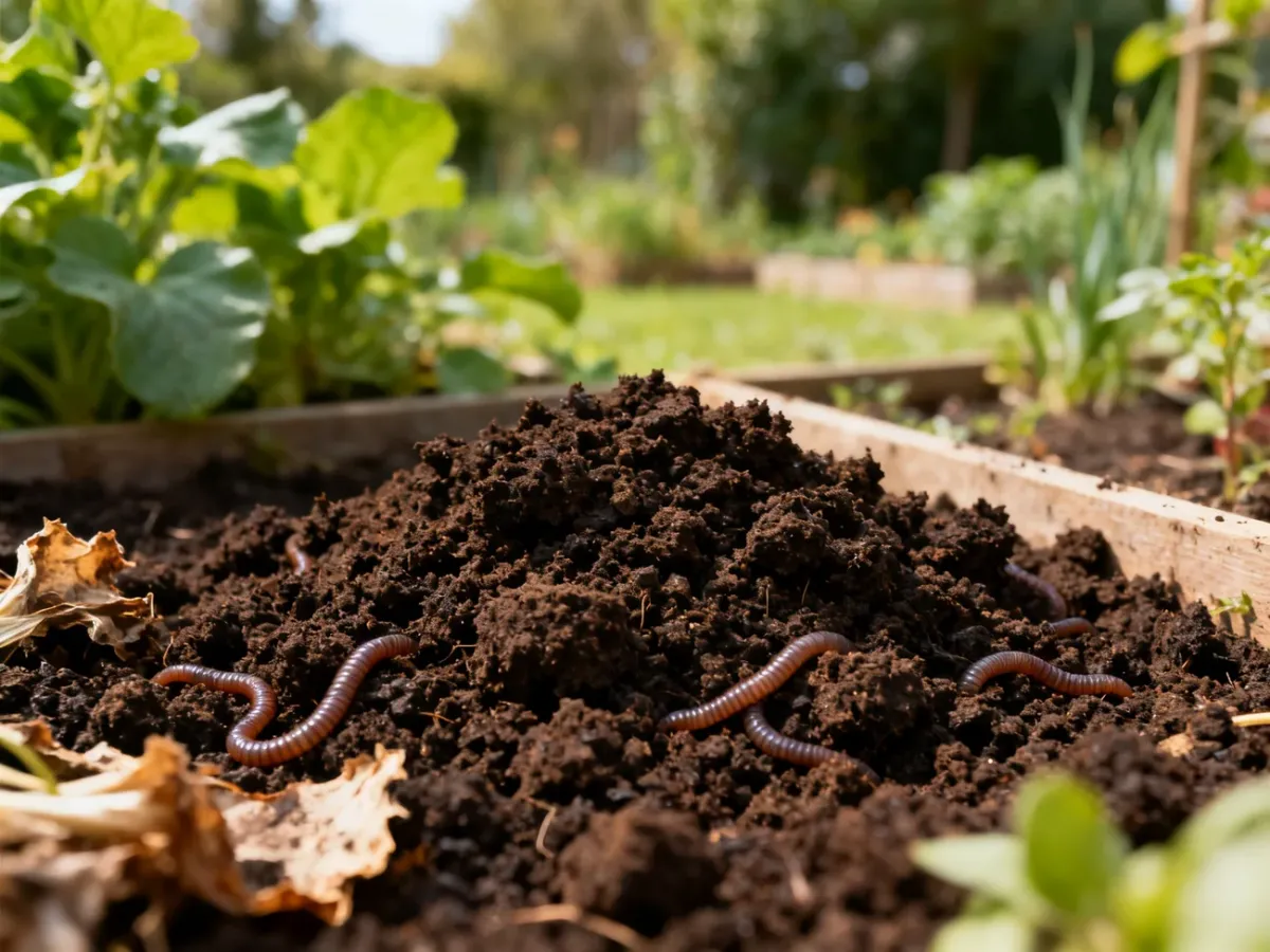 Ciemny biohumus z dżdżownicami w ogrodowym podłożu