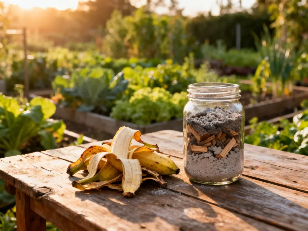 Szklany słoik z popiołem drzewnym i skórki od banana na drewnianym stole w ogrodzie, przygotowane jako naturalny nawóz potasowy.