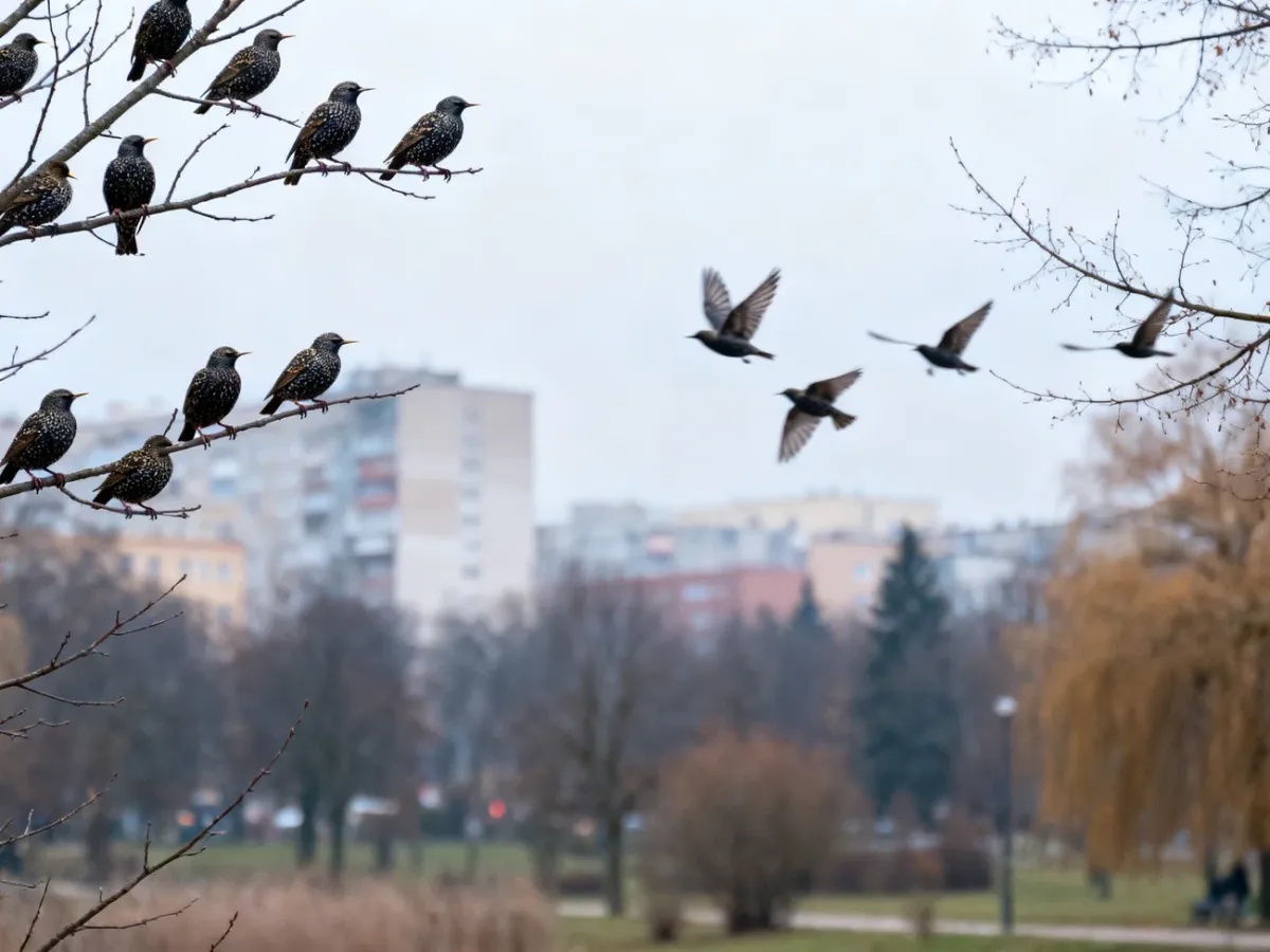 Stado szpaków w miejskim parku późną jesienią